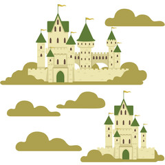 Seamless pattern fantasy medieval stone castle with towers and gate staying in green forest style vector illustration on white background - 791514861