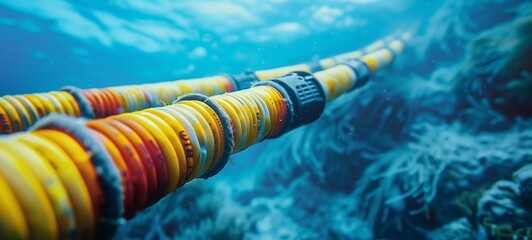 Vivid yellow and orange undersea internet cables snaking across the ocean floor, signifying global communication and technology beneath the sea.