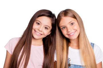 Close-up portrait of two people nice cute sweet lovely lovable attractive charming cheerful cheery straight-haired pre-teen girls isolated over blue pastel background