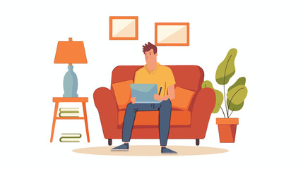 Man sitting on the couch with notebook. Interior spac