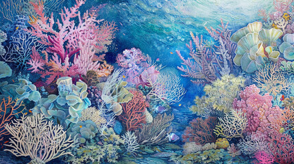 Naklejka na ściany i meble A mesmerizing view of a vibrant coral garden with corals in hues of pink blue and green interspersed with patches of sandy seabed and clusters of swaying sea fans