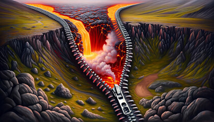 A painting of a volcano with a zipper in the middle of it