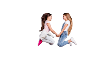 Full length body size profile side view of two people nice cute lovely attractive cheerful cheery fascinating straight-haired pre-teen girls having fun great day isolated over blue pastel background