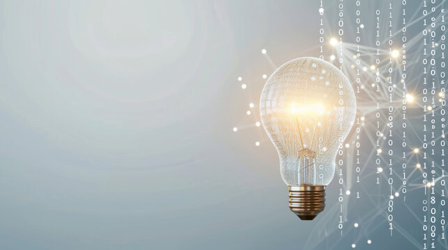 A simplistic setup of a classic light bulb with digital binary code projected onto a plain white background, symbolizing AI ideas