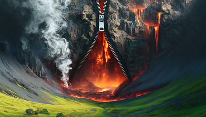 A volcano is shown with a zipper opening up to reveal a fiery lava flow