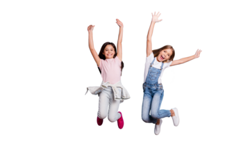 Full length body size view of two people attractive charming cheerful careless carefree straight-haired pre-teen girls having fun party overjoy great weekend day isolated on blue pastel background