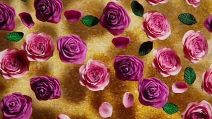 3d render roses with petals float on the water on a golden background