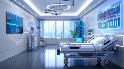 A smart hospital room equipped with IoT devices for monitoring patient health, highlighting the integration of technology in patient care.