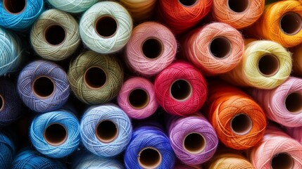 Closeup of a neatly rolled bundle of colorful thread ranging from earthy neutrals to bold eyecatching hues all essential tools for a tailor. . - obrazy, fototapety, plakaty