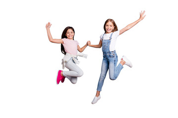 Full length body size view of two people nice-looking crazy cute lovely attractive cheerful...