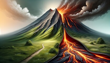 A mountain with a volcano on top and a lava flow coming out of it