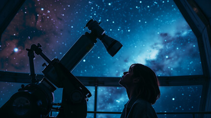 Young Astronomer Observing Night Sky Through Telescope in Observatory