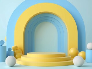 3d yellow background with podium for product presentation, minimalistic style, no objects on the stage, blue color scheme, arch and ball elements, geometric shapes