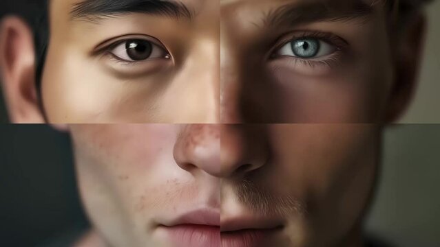 Human male faces composition timelapse. Diversity and uniqueness concept. Close up on faces looking into the camera