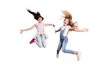 Full length body size view of two people nice lovely attractive cheerful straight-haired pre-teen girls having fun day daydream yes goal achievement free time isolated on blue background