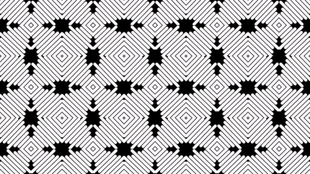 4k Abstract black and white color lines art pattern geometric shapes with black background.Seamless art pattern of simple technology background concept.