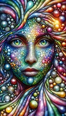 A woman's face is covered in colorful marbles, creating a unique