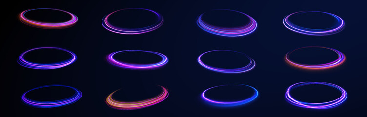 Neon ellipse in the form of speed. Glowing spiral. Abstract neon color glowing lines background. The energy flow tunnel. Shine round frame with light circles light effect.	