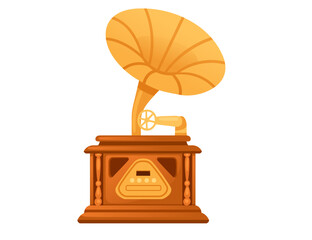 Retro style old golden gramophone with wooden base vector illustration isolated on white background - 791517441