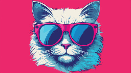 Drawing of a cool boy cat in glasses on a pink back - obrazy, fototapety, plakaty