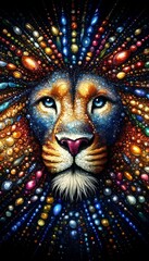 A colorful lion with a blue eye