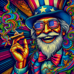 Digital art of a psychedelic uncle sam with sunglasses smoking a blunt