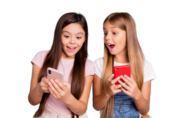 Close up photo two people little she her blond brunette girls having fun long pretty hair telephone hands arms look what I have wearing casual jeans denim t-shirts isolated blue bright background