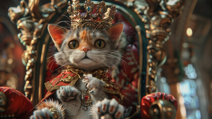 A cat is sitting on a throne with a crown on its head. The cat is wearing a red and gold outfit