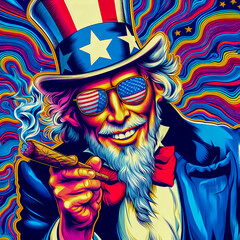 Digital art of a psychedelic uncle sam with sunglasses smoking a blunt