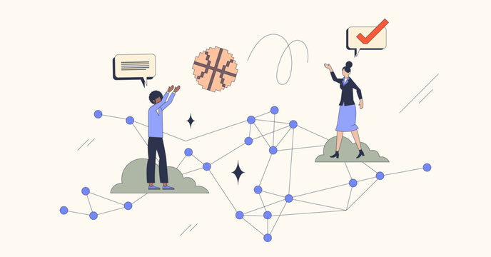 Virtual team building activity for bonding neubrutalism tiny person concept. Distant corporate employee connection event with fun online e-games vector illustration. Solidarity and teamwork boost.