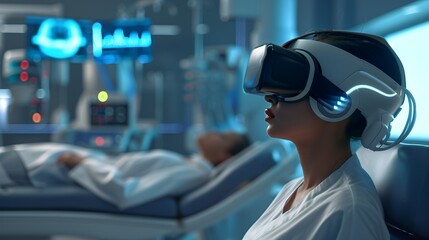 A scene showing the use of virtual reality therapy in pain management, showcasing innovative practices in medical treatment.