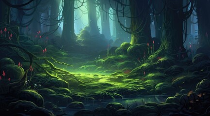 Enchanted forest glade with glowing moss and serene pond