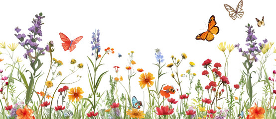 Beautiful wild meadow with flowers, butterflies and bees vector illustration on a white background