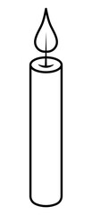 Candle for candlestick. Burning straight wick. Hot flame. Sketch. Vector illustration. Outline on isolated background. Coloring book for children. Wax attribute for celebrations and sacraments. 