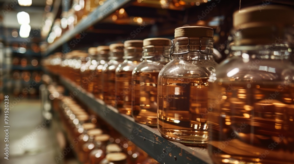 Poster a row of bottles on a shelf with some empty ones, ai