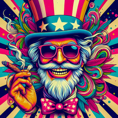 Digital art of a psychedelic uncle sam with sunglasses smoking a blunt - obrazy, fototapety, plakaty