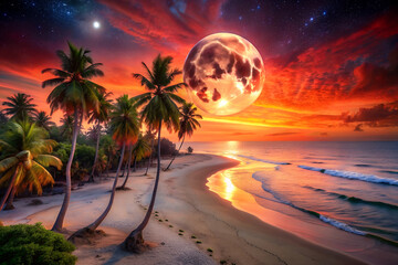 View of a beach with a full moon and palm trees. Sandy white moon landscape.