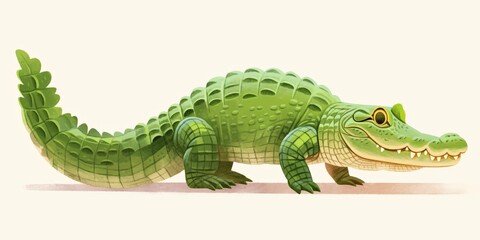 A cartoon alligator smiling with its eyes closed and walking on four legs.