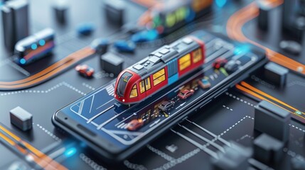 Naklejka premium A 3D rendering of a toy train on a smartphone screen with a futuristic city backdrop.