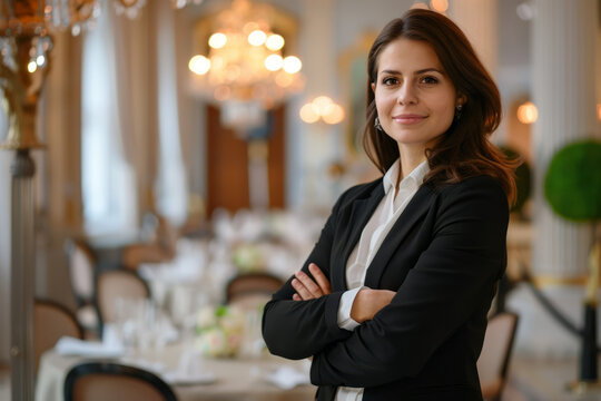 Portrait of a poised event planner, standing in an elegant venue, arms crossed, orchestrating the details for a memorable occasion. Looking into the camera