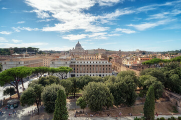 Panoramic view of Rome Skyline with the famous Vatican St Peter Basilica. Aerial view from the terrace of Saint Angelo castle.