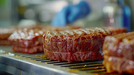 A close up of a juicy steak sizzling on a grill. - obrazy, fototapety, plakaty