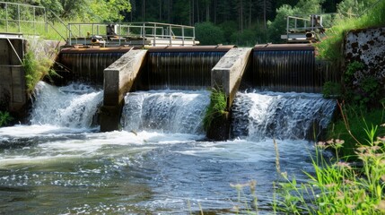 Closeup of a small hydroelectric plant powered by the natural flow of a stream without the need for a dam or reservoir. The plant is designed to operate with minimal disruptions to . - obrazy, fototapety, plakaty
