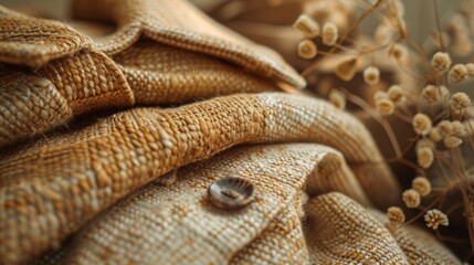 A close up picture of a folded beige linen blazer with a wooden button, selective focus.