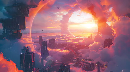 Capture a surreal sunset over a futuristic cityscape, incorporating swirling clouds and sharp geometric architecture from an impossible angle