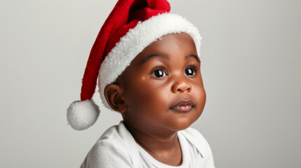Portrait of an african-american baby with a christmas hat on white studio background