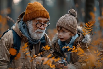 Elderly man with a beard and a young boy wearing knit hats explore nature together, examining plants