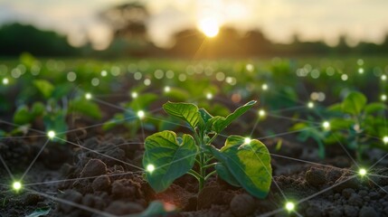 A field of soybeans with a focus on a single plant. The sun is setting behind it. The image is meant to evoke a sense of growth and abundance.
