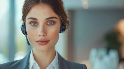 Close up Portrait of a professional woman dressed in an elegant suit working as a call center manager, looking in the camera
