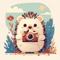 Fototapeta premium A cute cartoon illustration of a baby hedgehog holding a camera in a whimsical nature scene with flowers and plants.